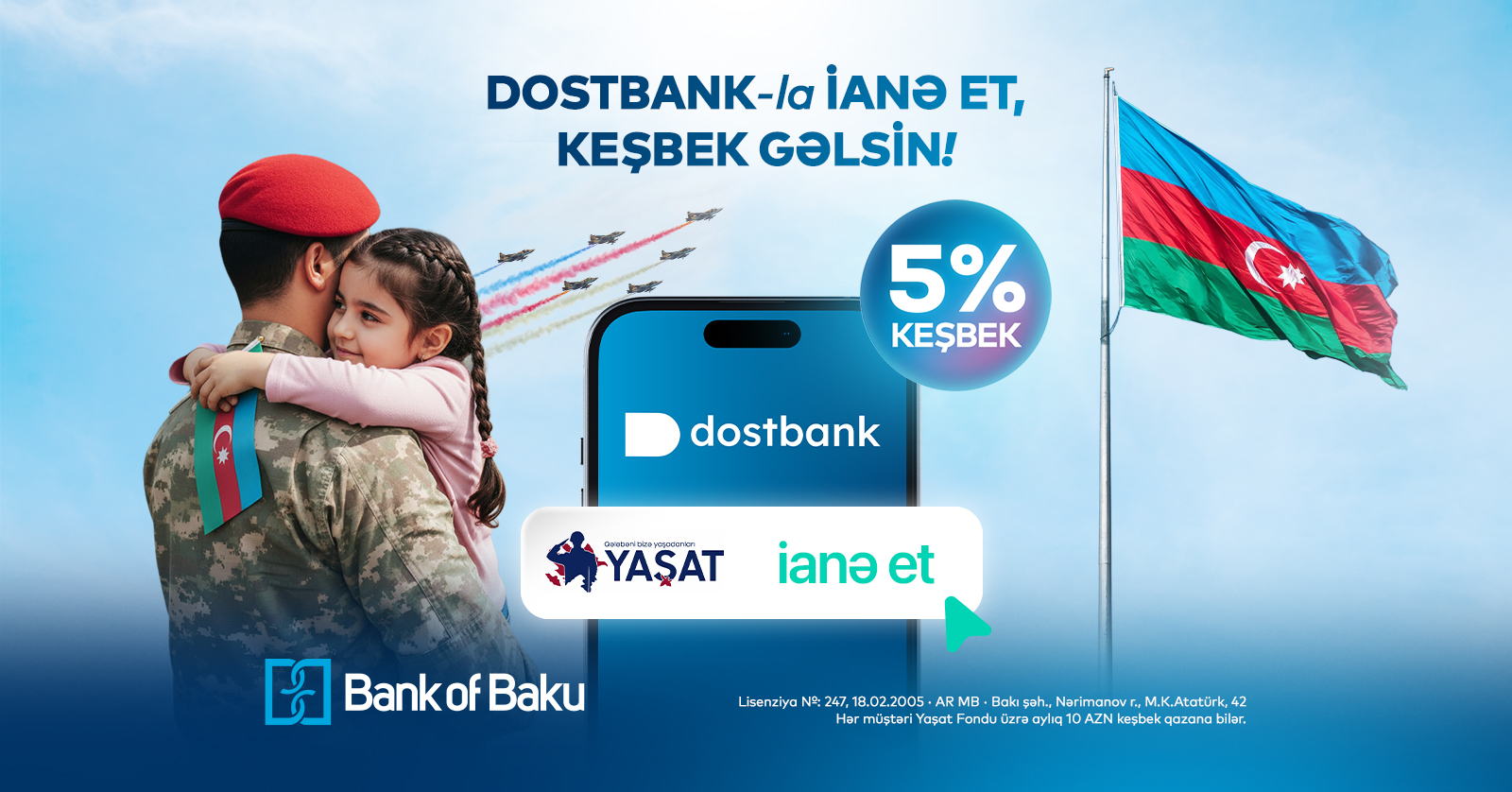 Bank of Baku “Dostbank” tətbiqi ilə “YAŞAT” Fonduna ianəyə 5% keşbek